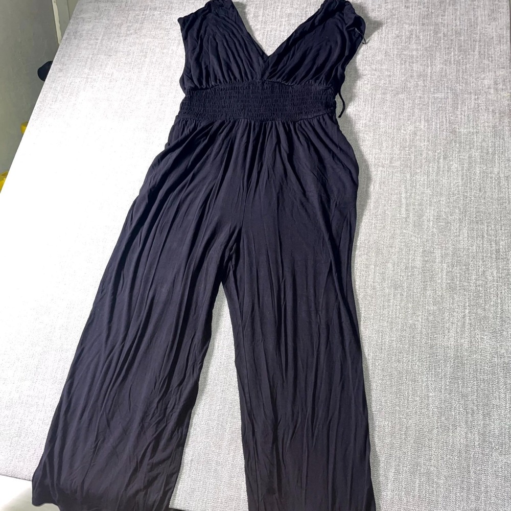 Old Navy Jumpsuit Womens XL Black Stretch Ruched V Neck Relaxed Fit Wide Leg
